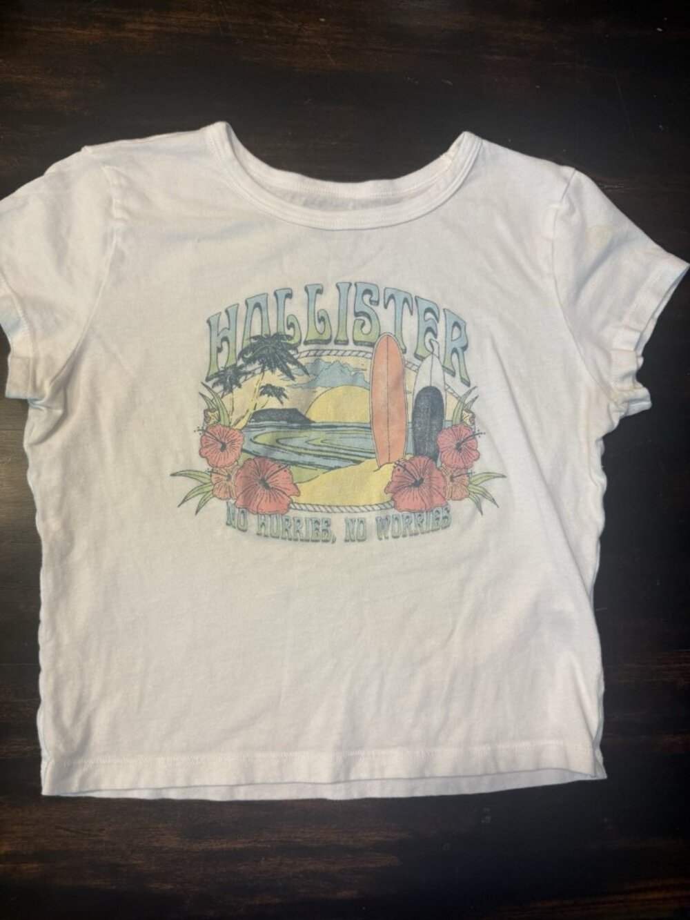 Hollister Graphic Baby Tee White Size S "No Hurries, No Worries"